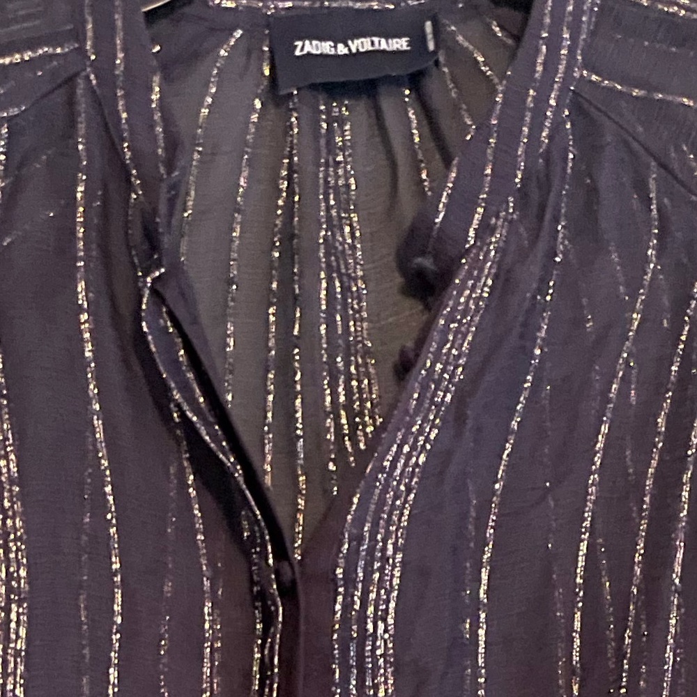 ZADIG & VOLTAIRE navy chiffon Top button down blouse with gold threading